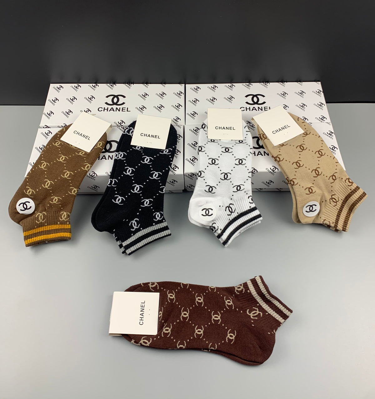 Chanel Earthy White Checkerboard Stripes Crew Socks, image 5