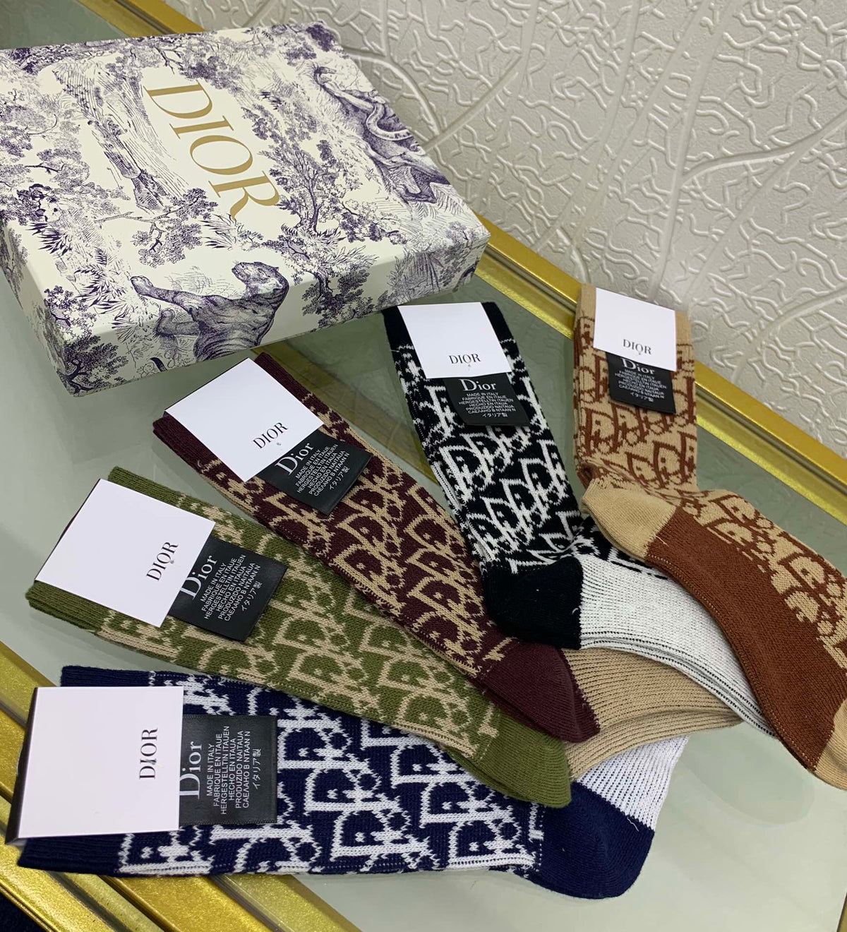 Dior Black Cream Navy Brown Dense Monogram Crew Socks, image 6