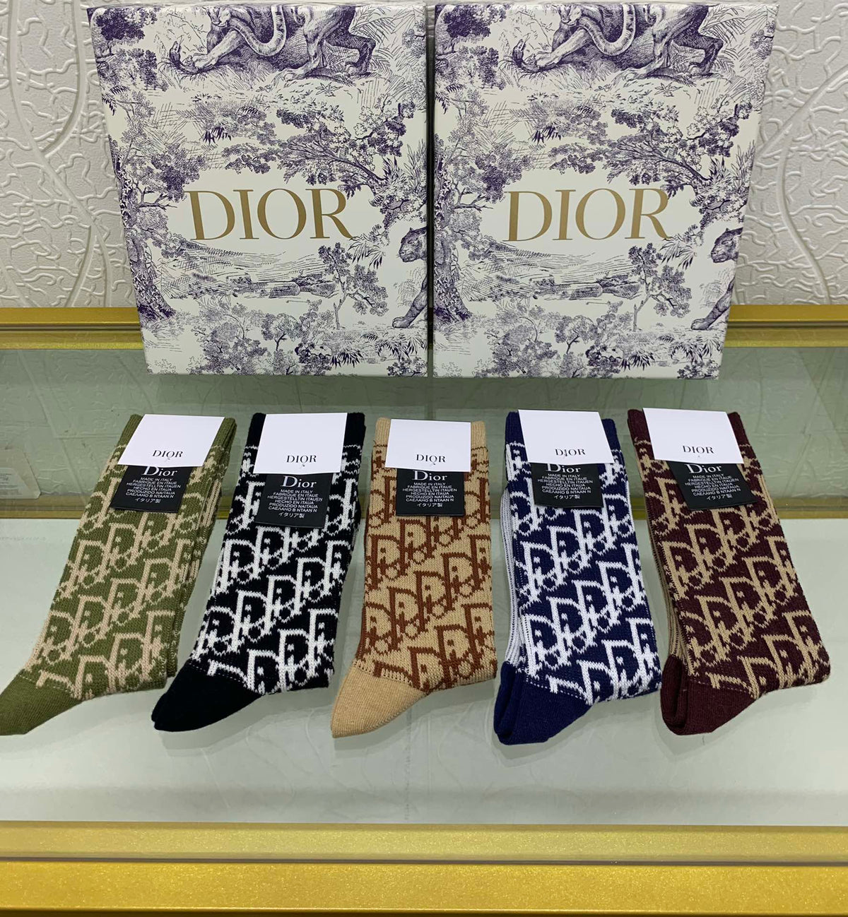 Dior Black Cream Navy Brown Dense Monogram Crew Socks, image 1