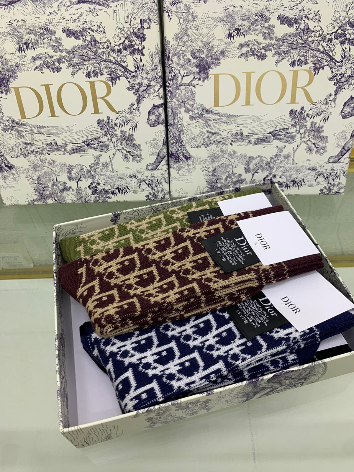 Dior Black Cream Navy Brown Dense Monogram Crew Socks, image 9