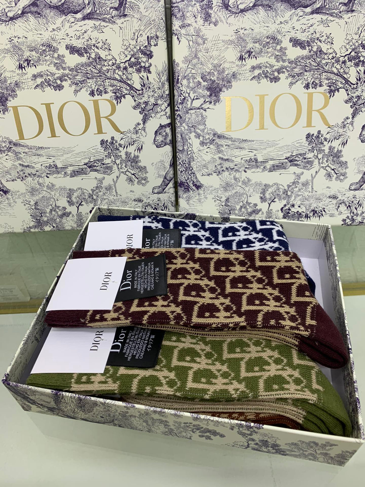 Dior Black Cream Navy Brown Dense Monogram Crew Socks, image 8