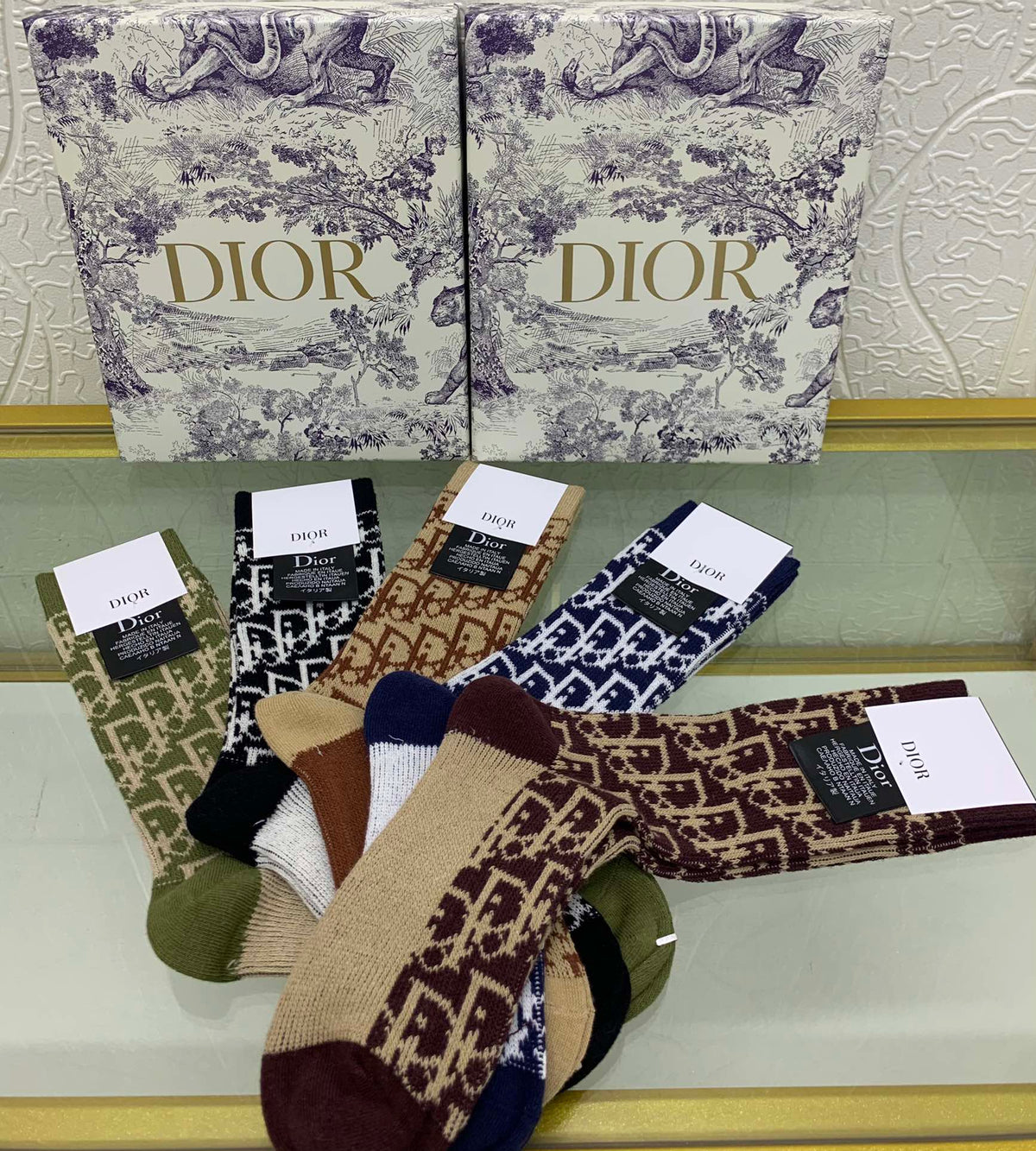 Dior Black Cream Navy Brown Dense Monogram Crew Socks, image 3