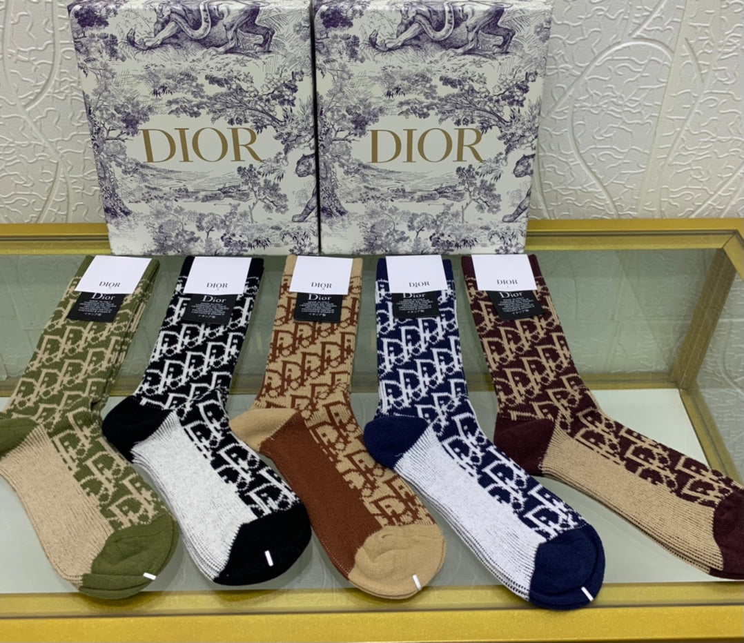 Dior Black Cream Navy Brown Dense Monogram Crew Socks, image 2