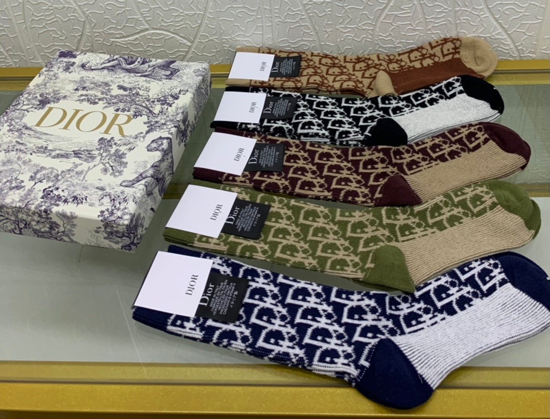 Dior Black Cream Navy Brown Dense Monogram Crew Socks, image 5