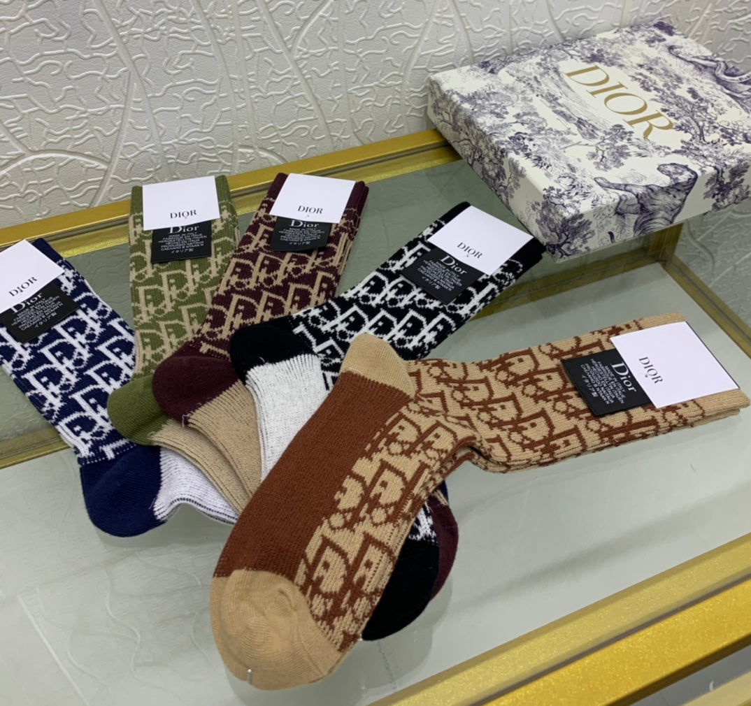 Dior Black Cream Navy Brown Dense Monogram Crew Socks, image 7