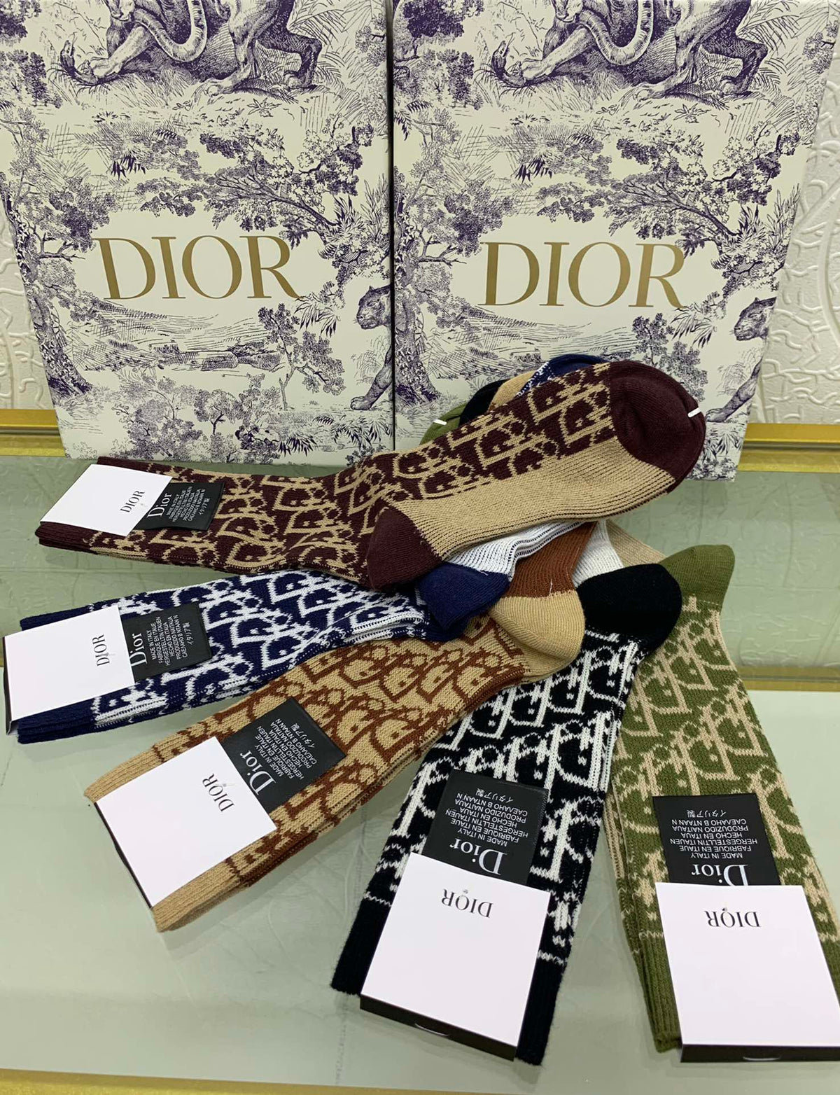 Dior Black Cream Navy Brown Dense Monogram Crew Socks, image 4