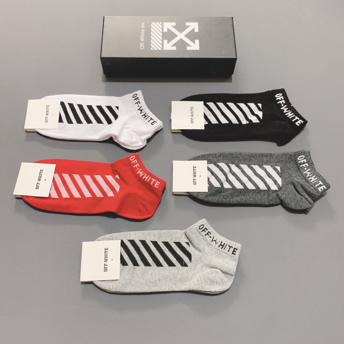 Off-White Neutral Red Broad Diagonal Stripes Ankle Socks, image 1