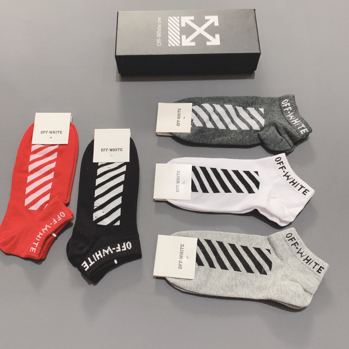 Off-White Neutral Red Broad Diagonal Stripes Ankle Socks, image 5