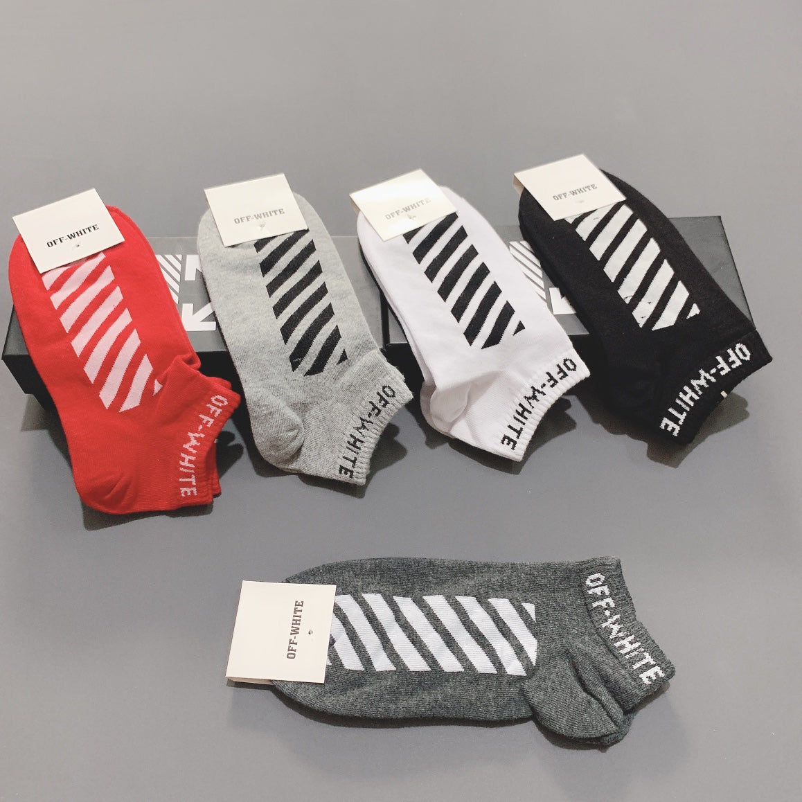 Off-White Neutral Red Broad Diagonal Stripes Ankle Socks, image 3