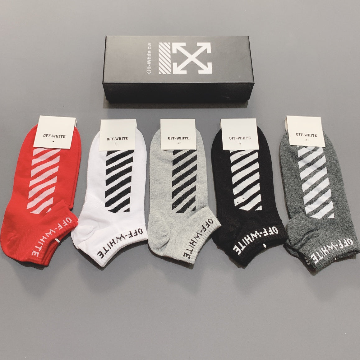 Off-White Neutral Red Broad Diagonal Stripes Ankle Socks, image 2