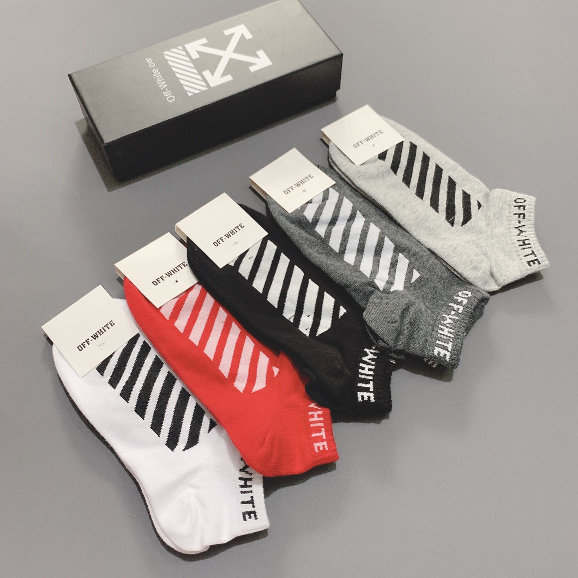 Off-White Neutral Red Broad Diagonal Stripes Ankle Socks, image 6