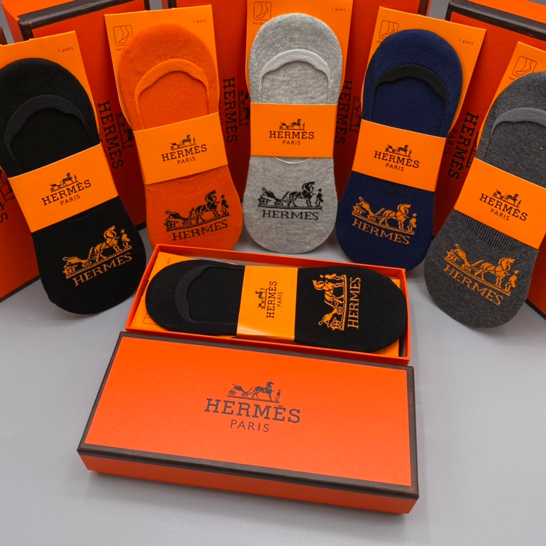 Hermès Neutral Orange Horse Carriage No-Show Socks, image 7
