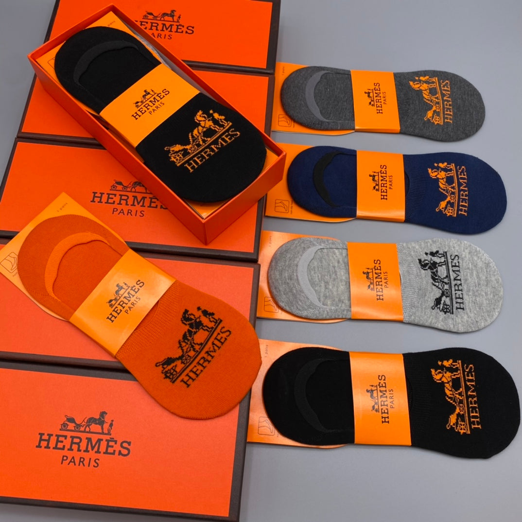 Hermès Neutral Orange Horse Carriage No-Show Socks, image 2