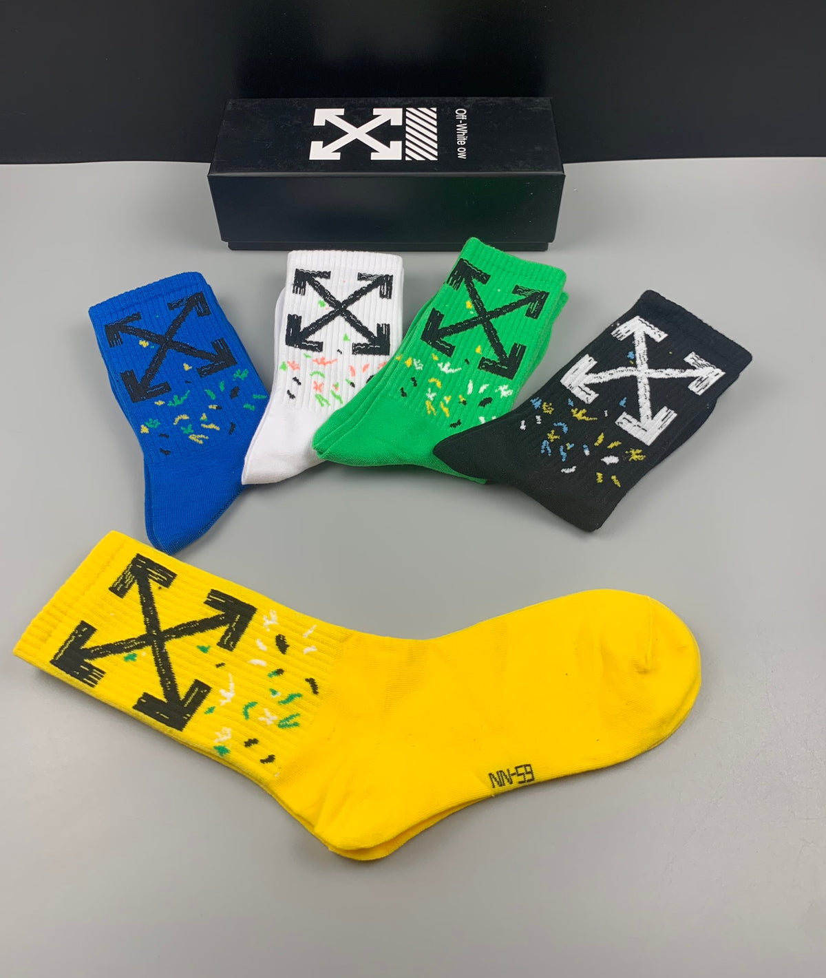 Off-White Bright Yellow Green Blue Large Arrows Crew Socks, image 5