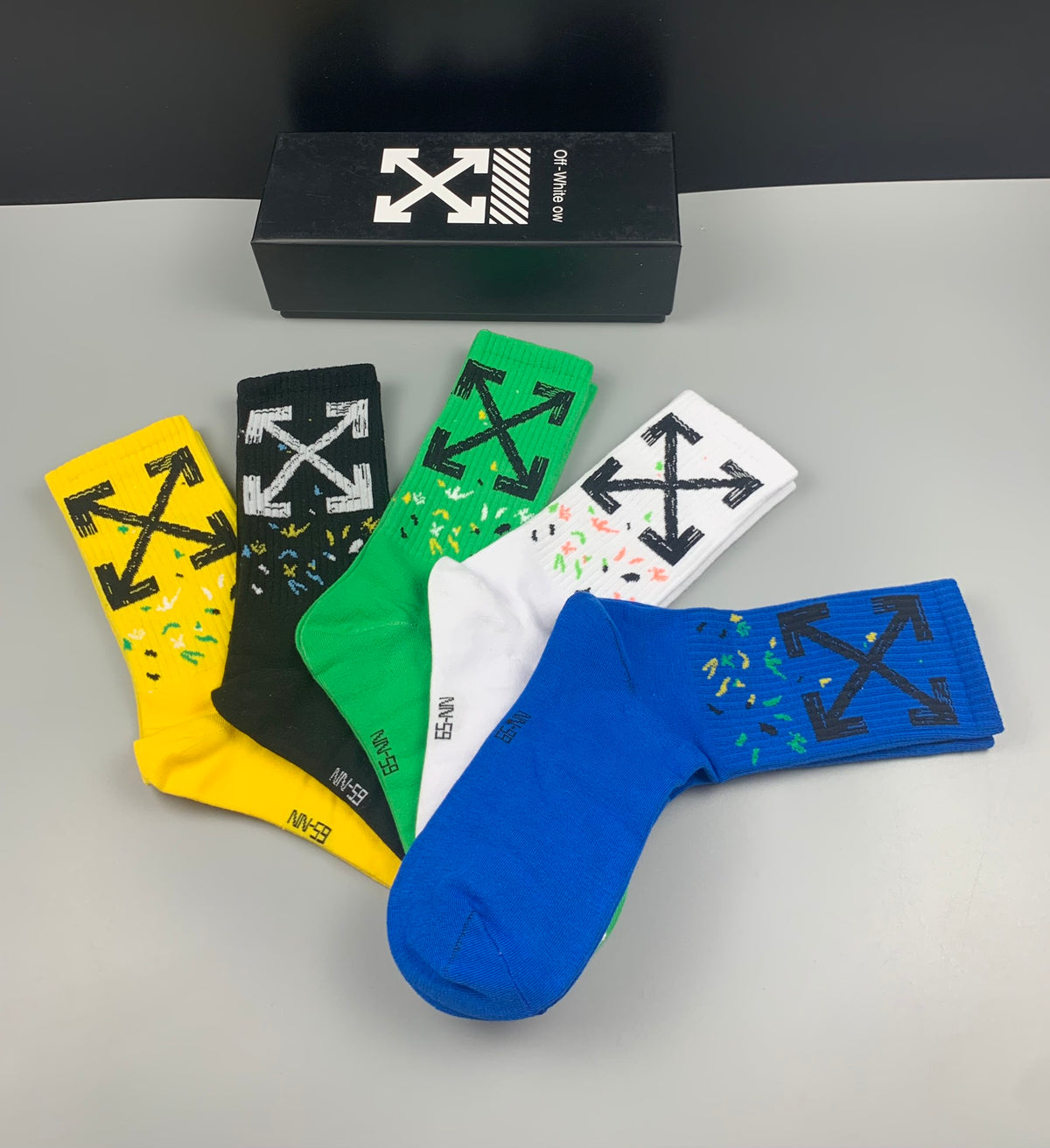 Off-White Bright Yellow Green Blue Large Arrows Crew Socks, image 2
