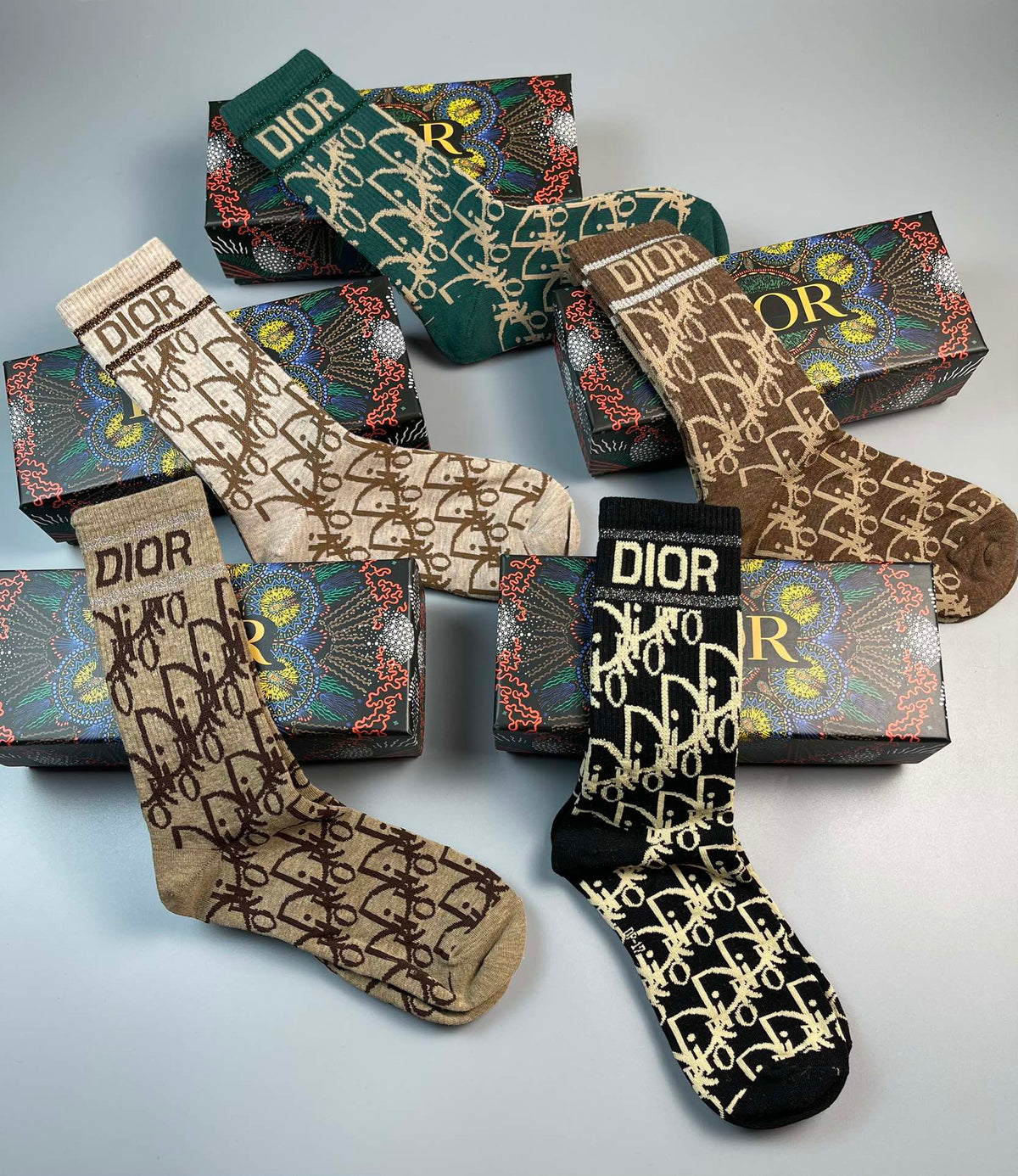 Dior Earthy Coloured Allover Monogram Crew Socks, image 6