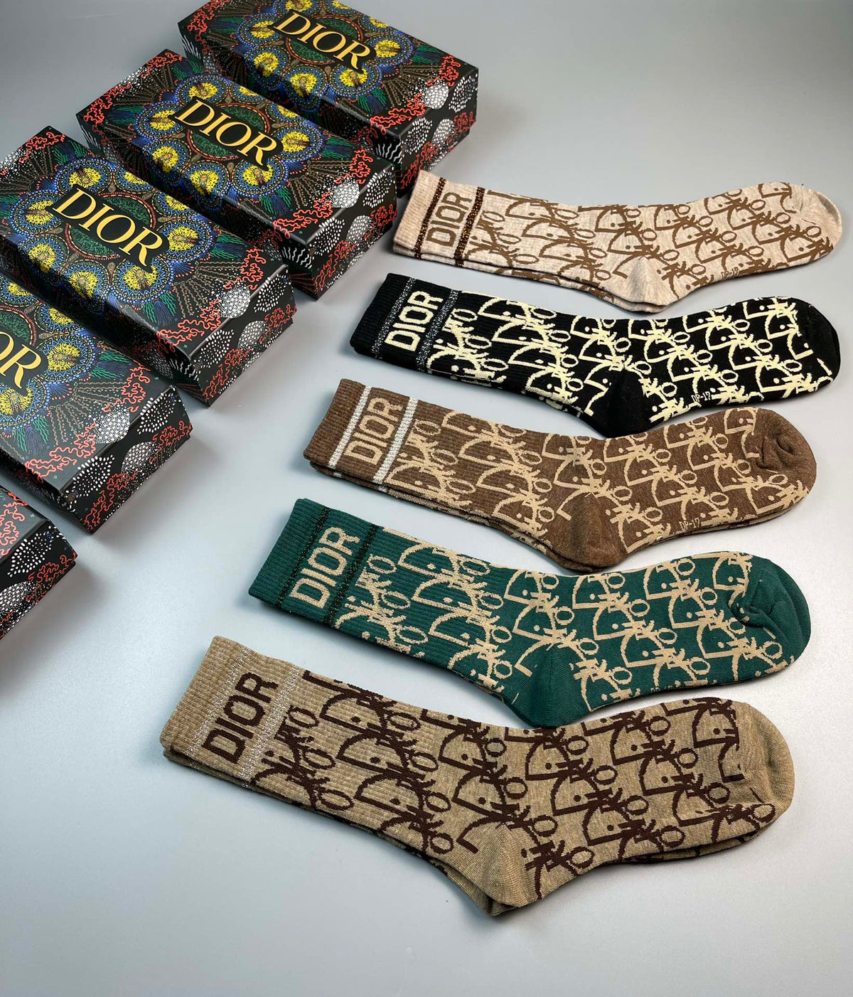 Dior Earthy Coloured Allover Monogram Crew Socks, image 8