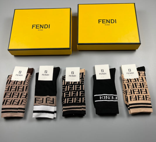 Fendi Black Cream Brown Large Wordmark Bands Crew Socks, image 1