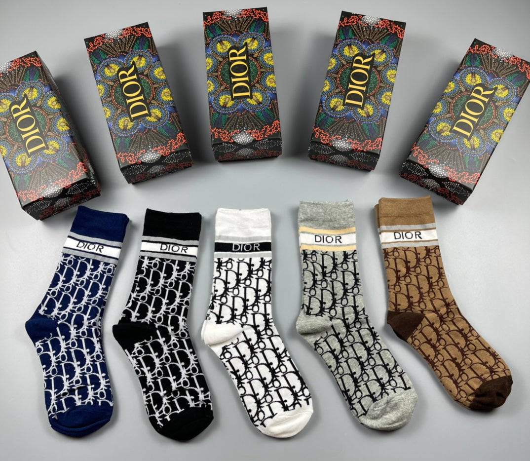 Dior Black White Brown Dense Vertical Letters Crew Socks, image 1