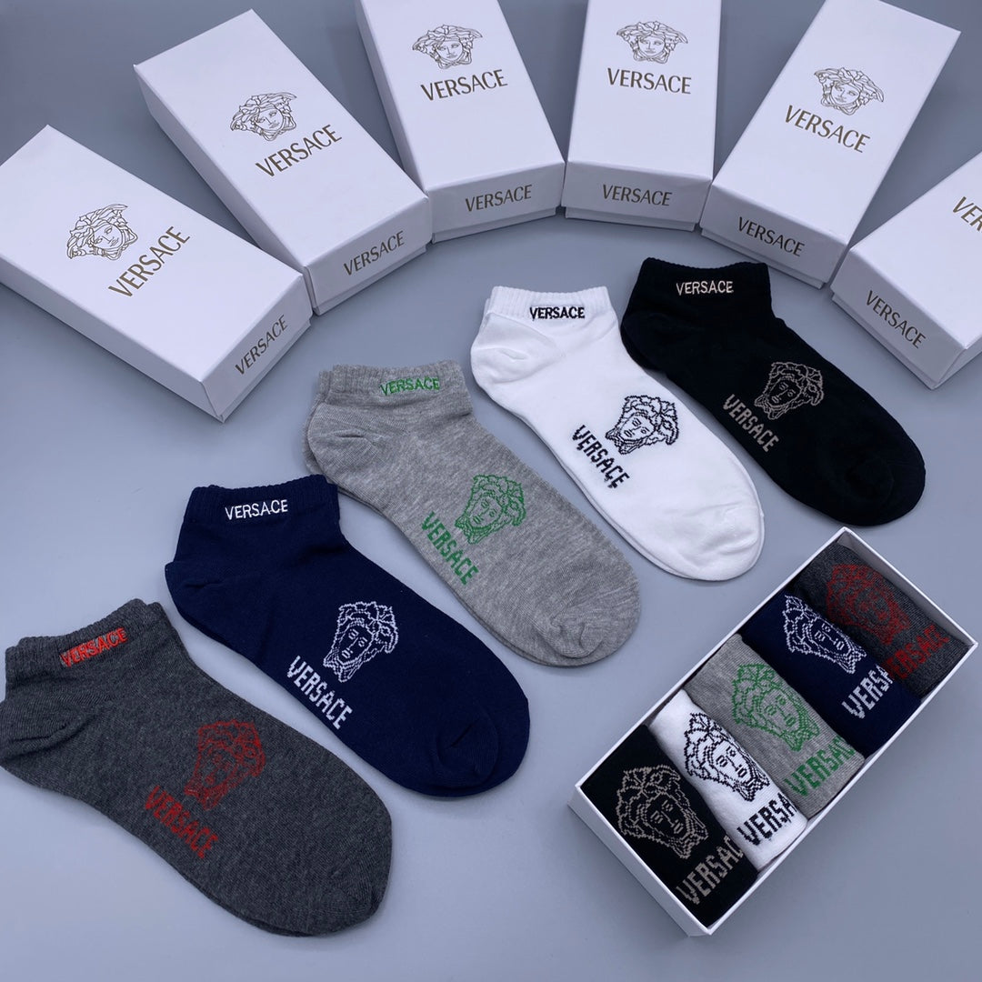 Versace Grey Navy Black Small Text No-Show Socks, image 1