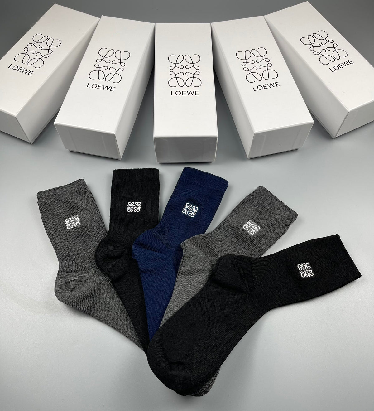 Loewe Neutral Plain Fine Ribbed Cuffs Crew Socks, image 2