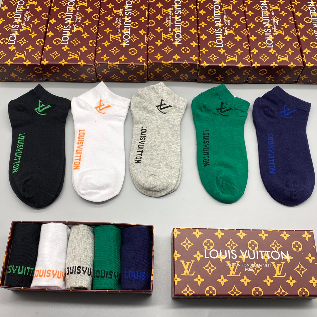 Louis Vuitton Green White Navy Small Foot Text No-Show Socks, image 6