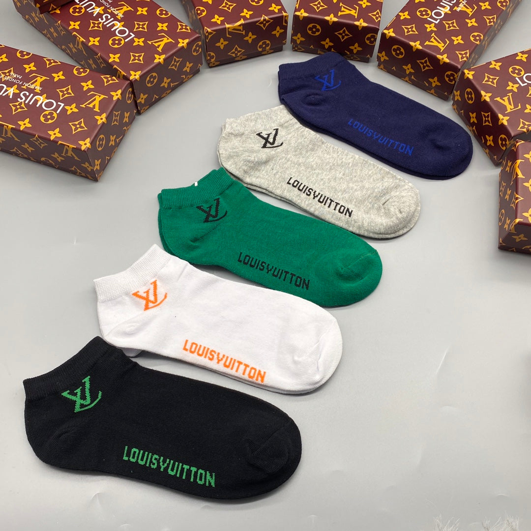 Louis Vuitton Green White Navy Small Foot Text No-Show Socks, image 1