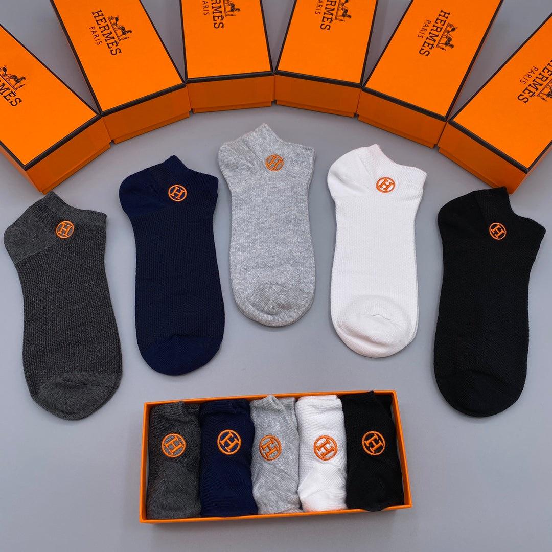 Hermès White Navy Grey Orange Side Emblem No-Show Socks, image 2