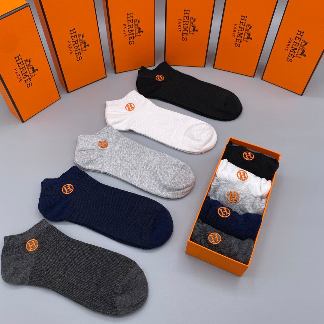 Hermès White Navy Grey Orange Side Emblem No-Show Socks, image 5