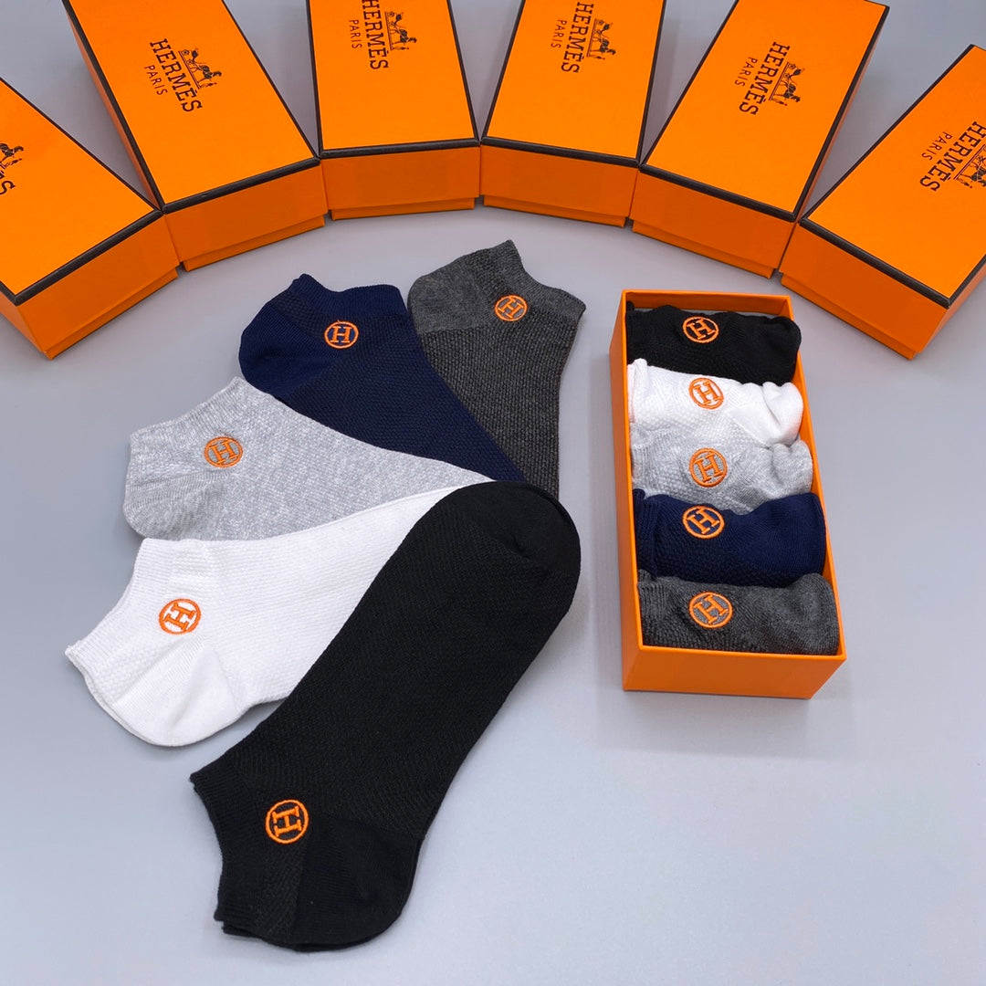 Hermès White Navy Grey Orange Side Emblem No-Show Socks, image 7