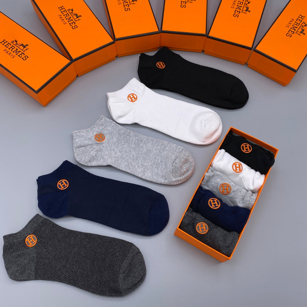 Hermès White Navy Grey Orange Side Emblem No-Show Socks, image 1