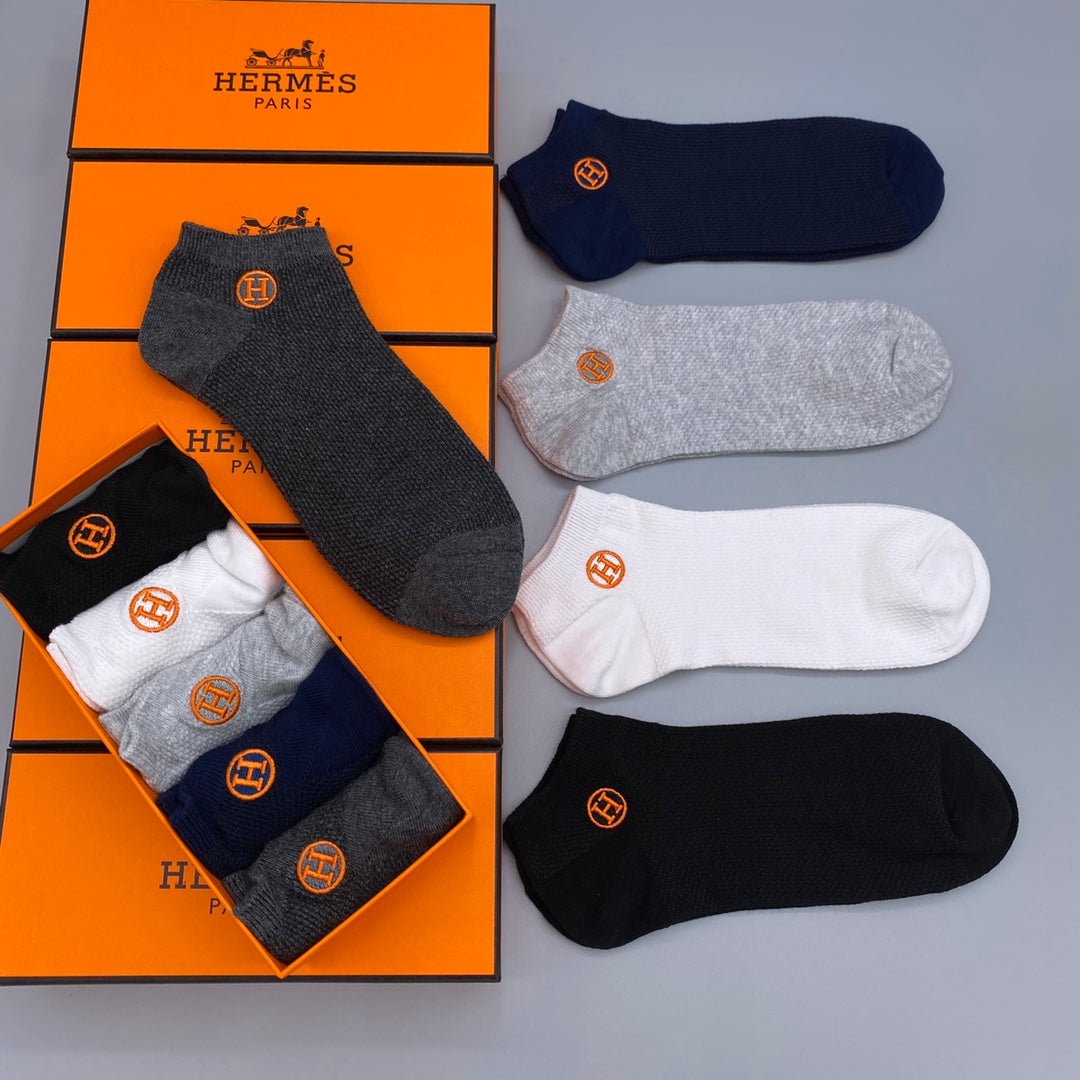 Hermès White Navy Grey Orange Side Emblem No-Show Socks, image 3