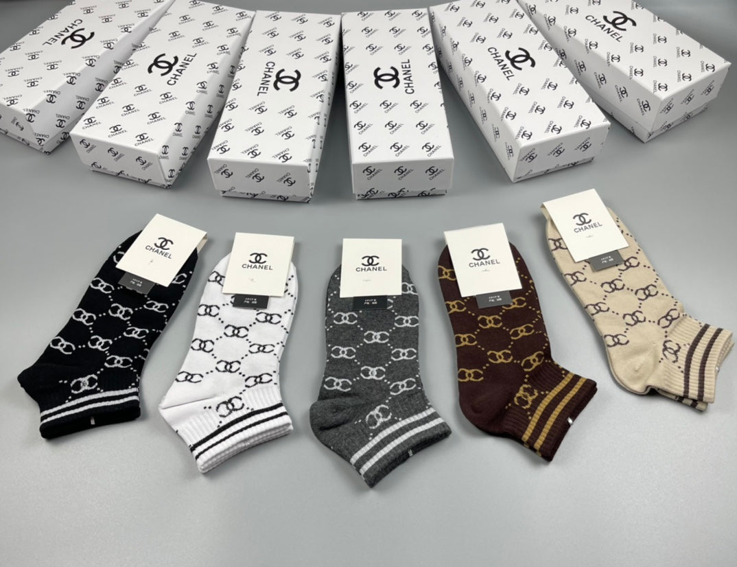 Chanel Neutral Earthy Mixed Stripe Pattern Crew Socks, image 1