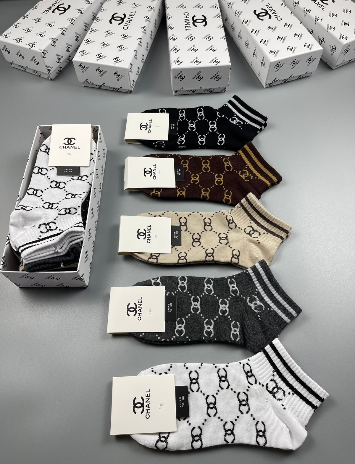 Chanel Neutral Earthy Mixed Stripe Pattern Crew Socks, image 8