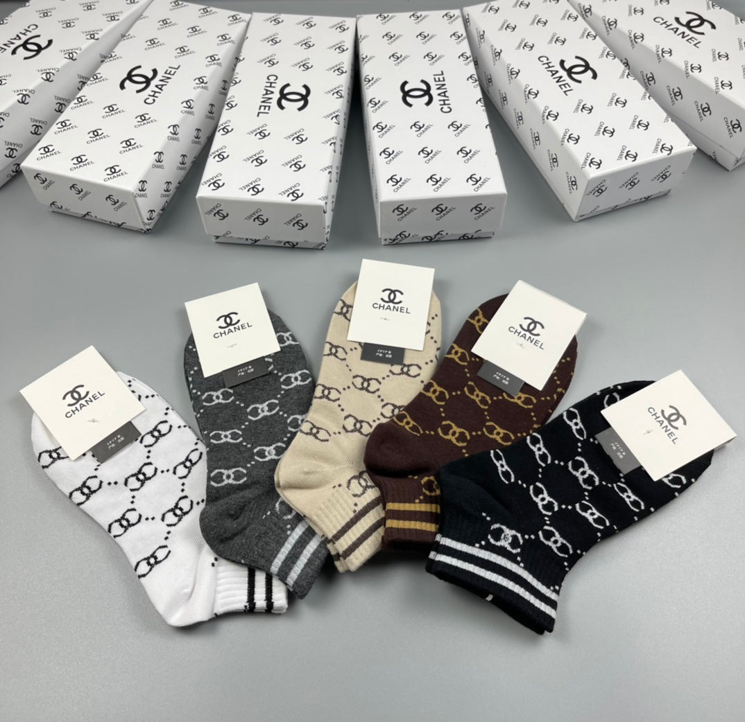 Chanel Neutral Earthy Mixed Stripe Pattern Crew Socks, image 6