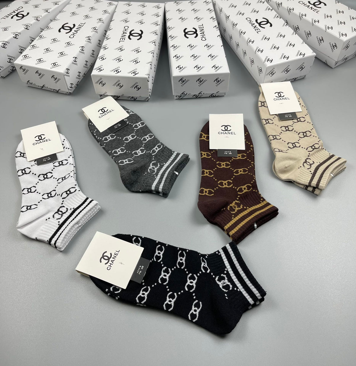 Chanel Neutral Earthy Mixed Stripe Pattern Crew Socks, image 4