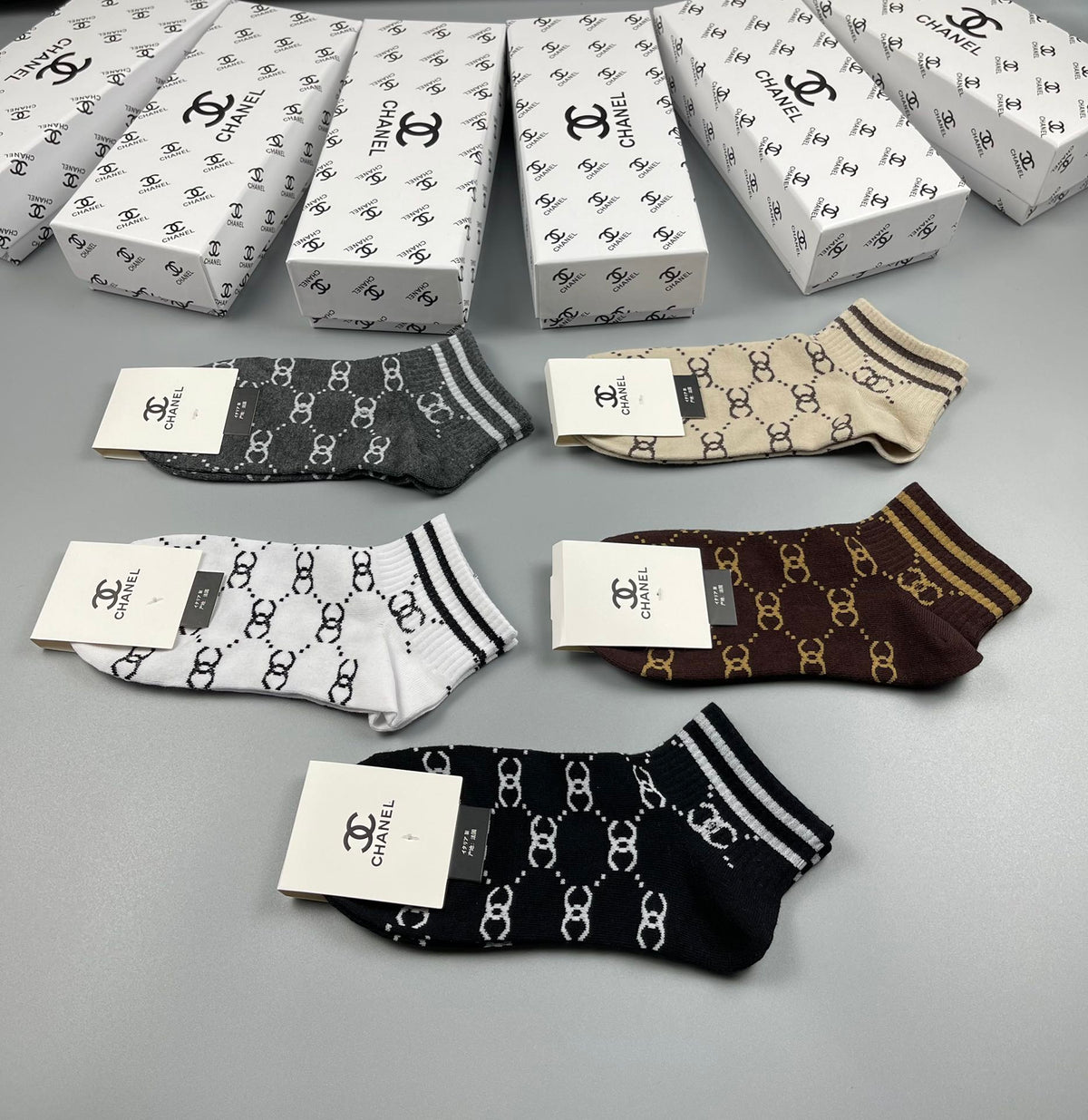 Chanel Neutral Earthy Mixed Stripe Pattern Crew Socks, image 3