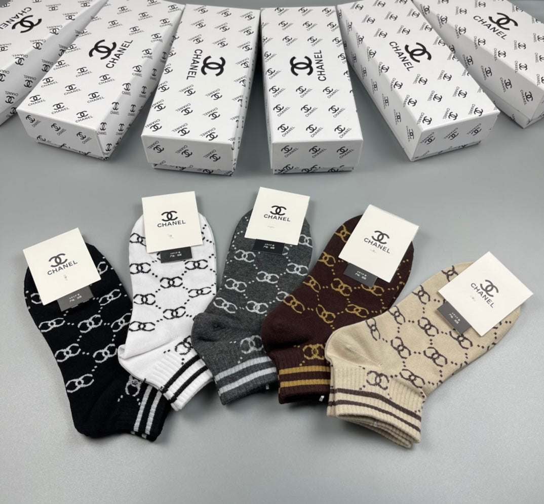 Chanel Neutral Earthy Mixed Stripe Pattern Crew Socks, image 2