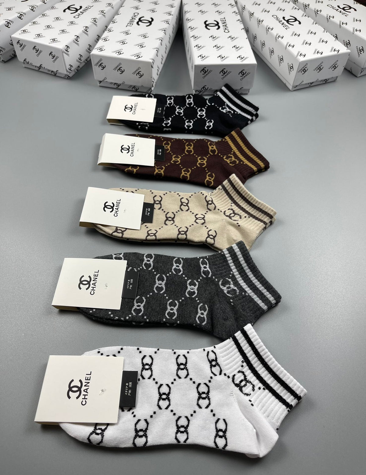 Chanel Neutral Earthy Mixed Stripe Pattern Crew Socks, image 7