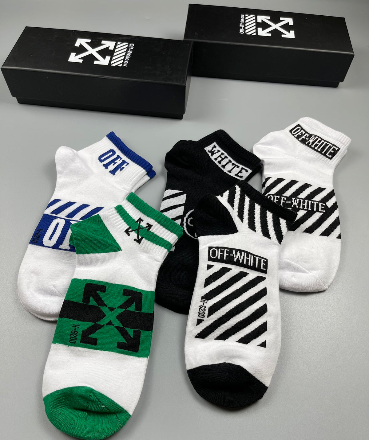 Off-White Black White Green Mixed Graphic Panels Ankle Socks, image 6