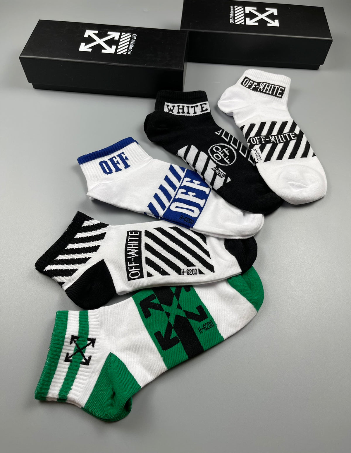 Off-White Black White Green Mixed Graphic Panels Ankle Socks, image 5