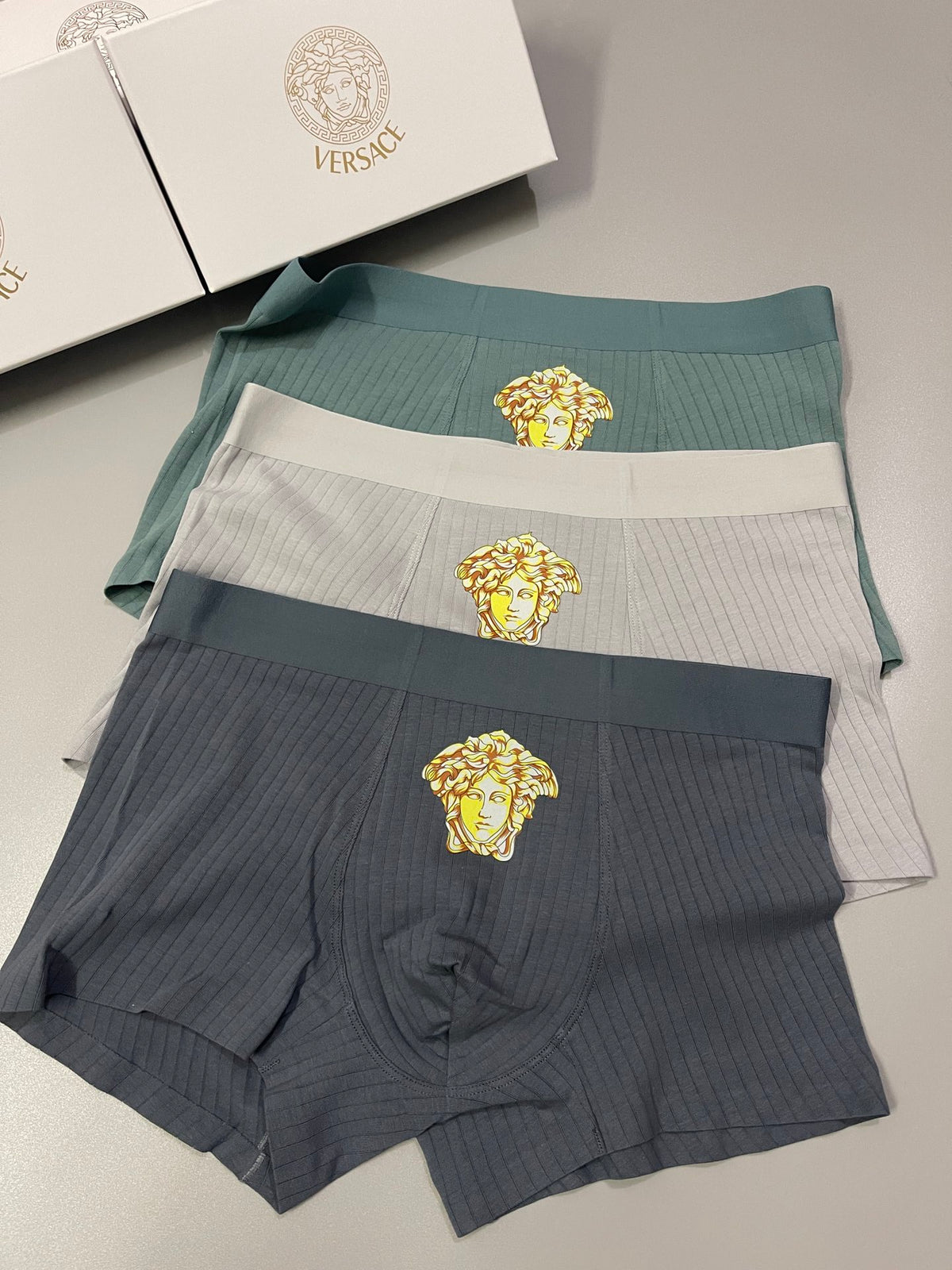 Versace Grey Beige Green Gold Face Boxer Briefs, image 1