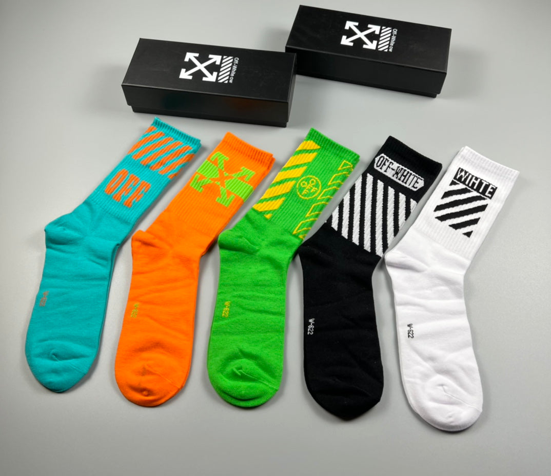 Off-White Bright Mint Orange Green Contrast Cuffs Crew Socks, image 3