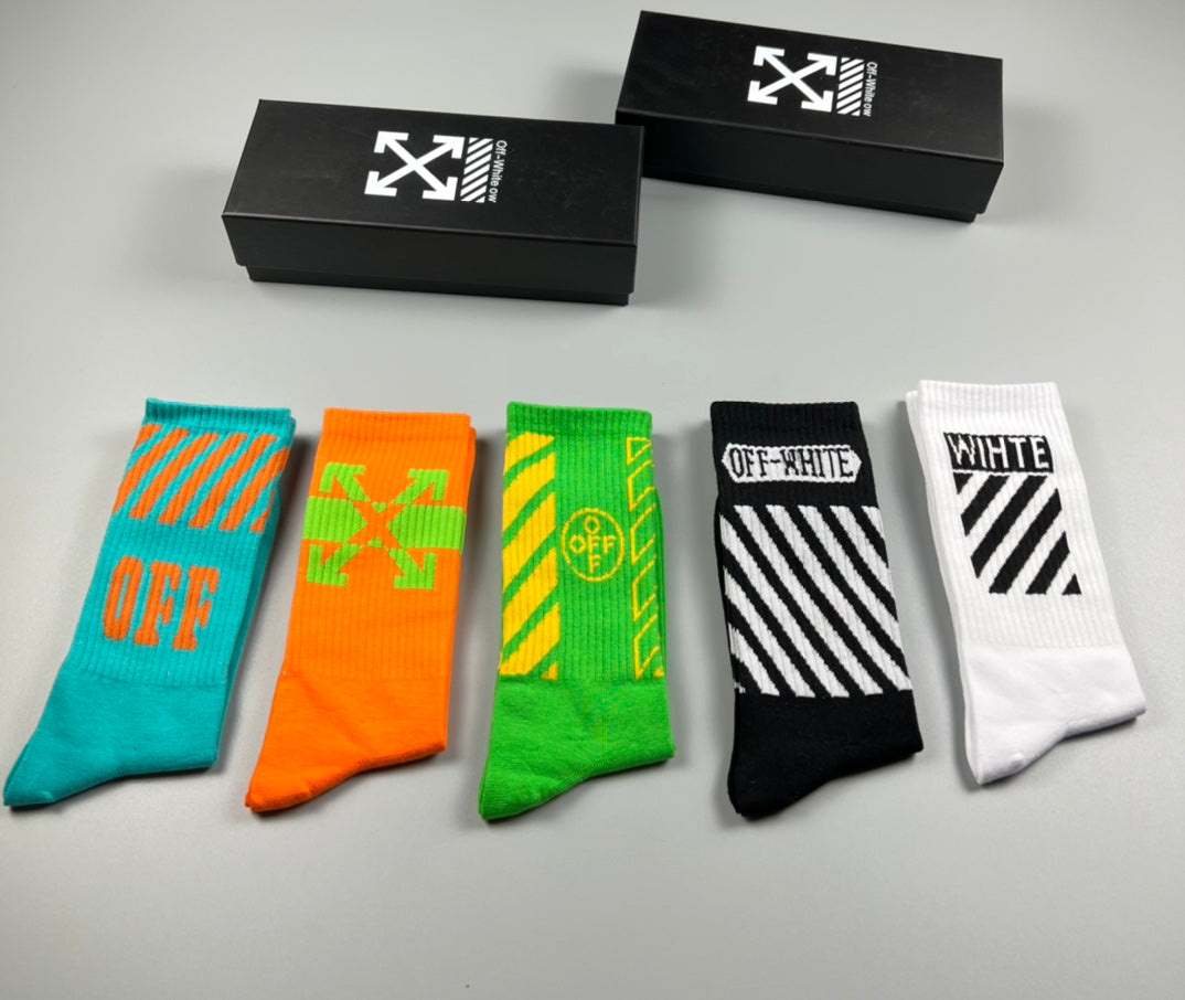 Off-White Bright Mint Orange Green Contrast Cuffs Crew Socks, image 5
