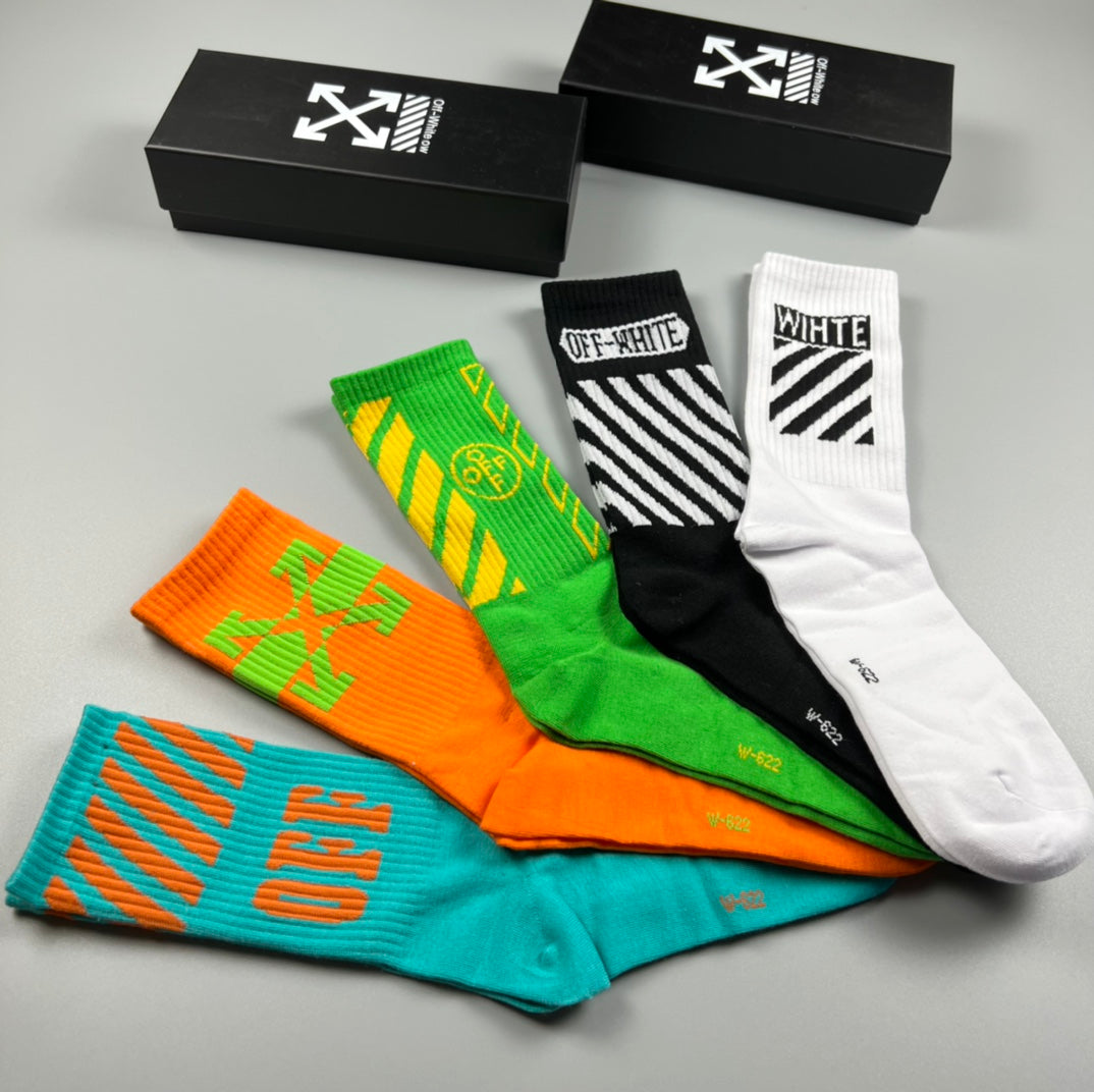 Off-White Bright Mint Orange Green Contrast Cuffs Crew Socks, image 8