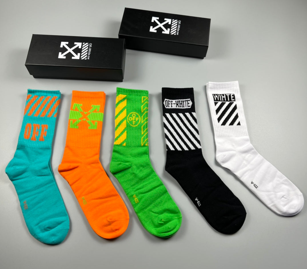 Off-White Bright Mint Orange Green Contrast Cuffs Crew Socks, image 1