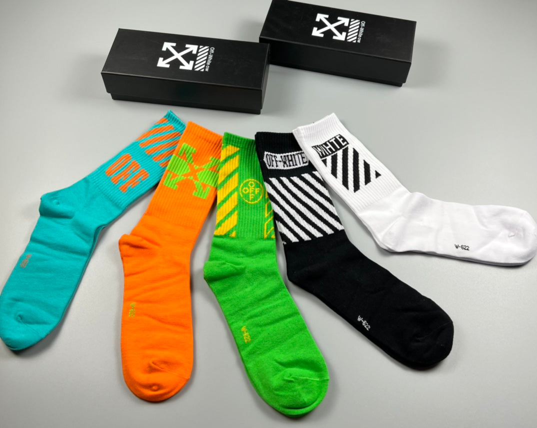 Off-White Bright Mint Orange Green Contrast Cuffs Crew Socks, image 4