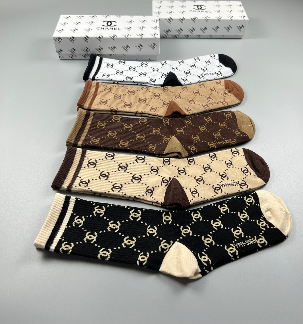 Chanel Earthy Cream Black Allover Letter Pattern Crew Socks, image 8