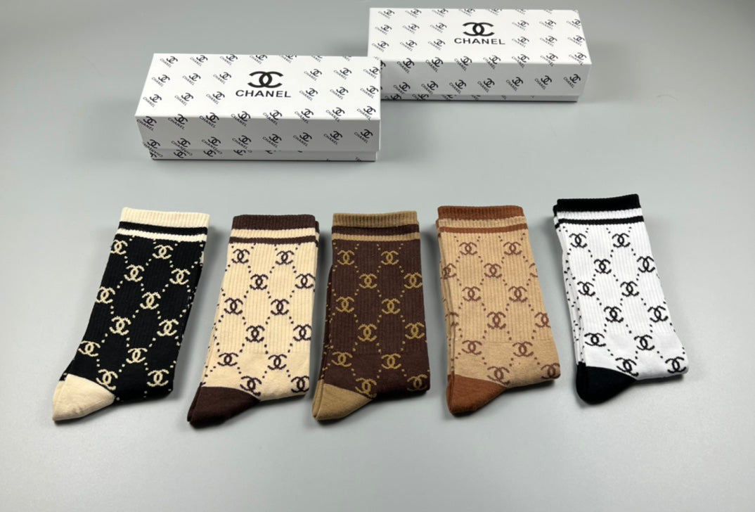 Chanel Earthy Cream Black Allover Letter Pattern Crew Socks, image 7
