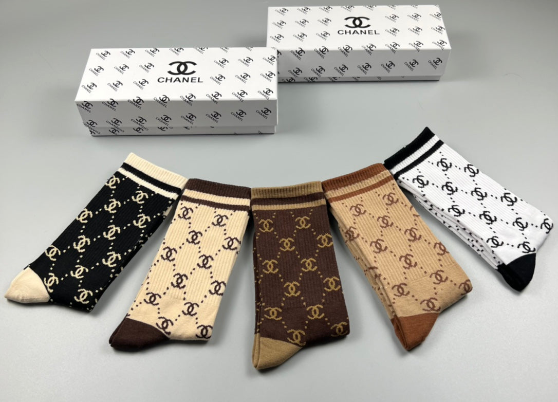 Chanel Earthy Cream Black Allover Letter Pattern Crew Socks, image 6